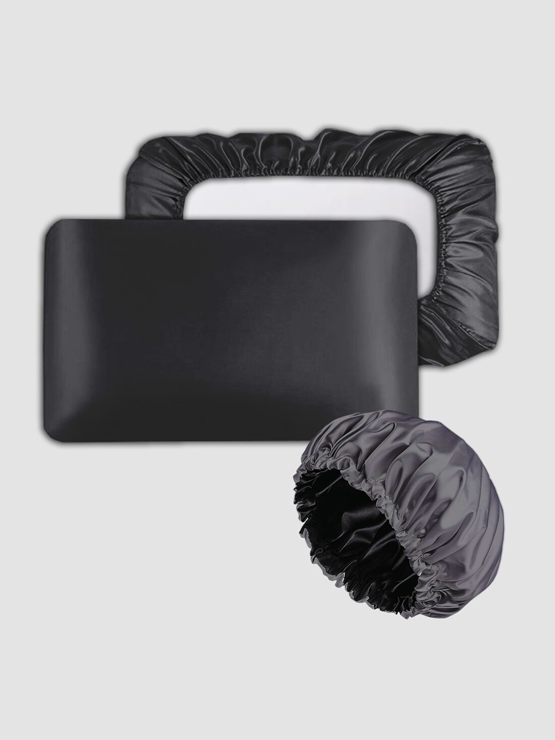 

ME & YOU Grey 3 Pieces Satin Silk Pillow Cover With Sleeping Cap