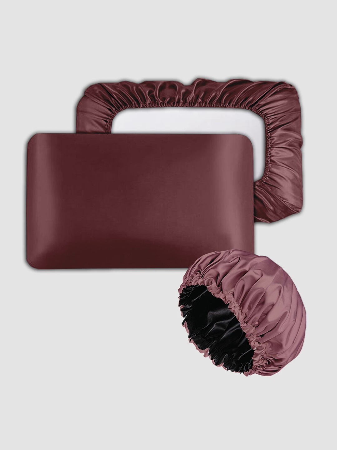 

ME & YOU Brown 3 Pieces Silk Pillow Cover With Sleeping Cap