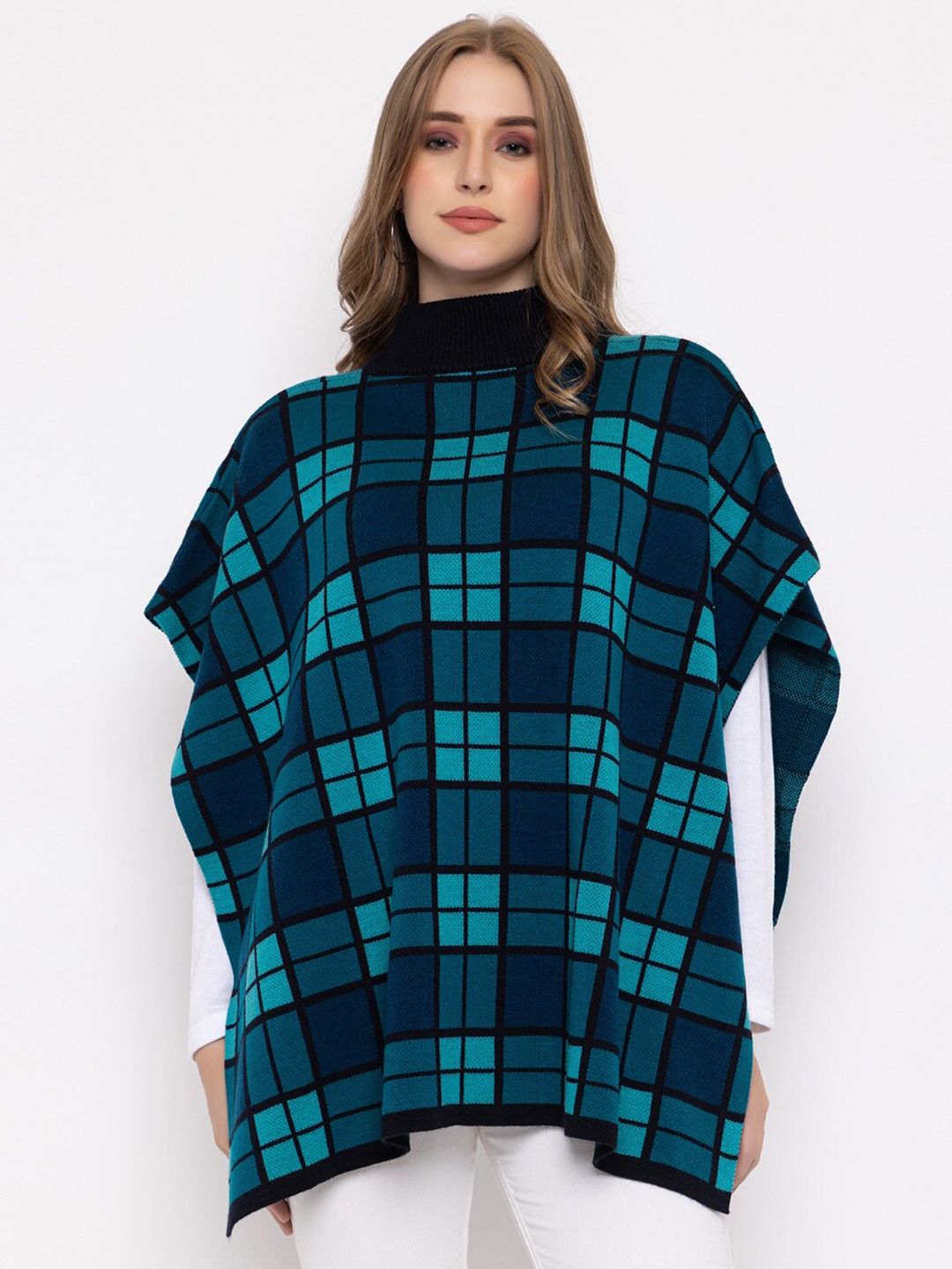 

513 Checked Acrylic Poncho, Blue