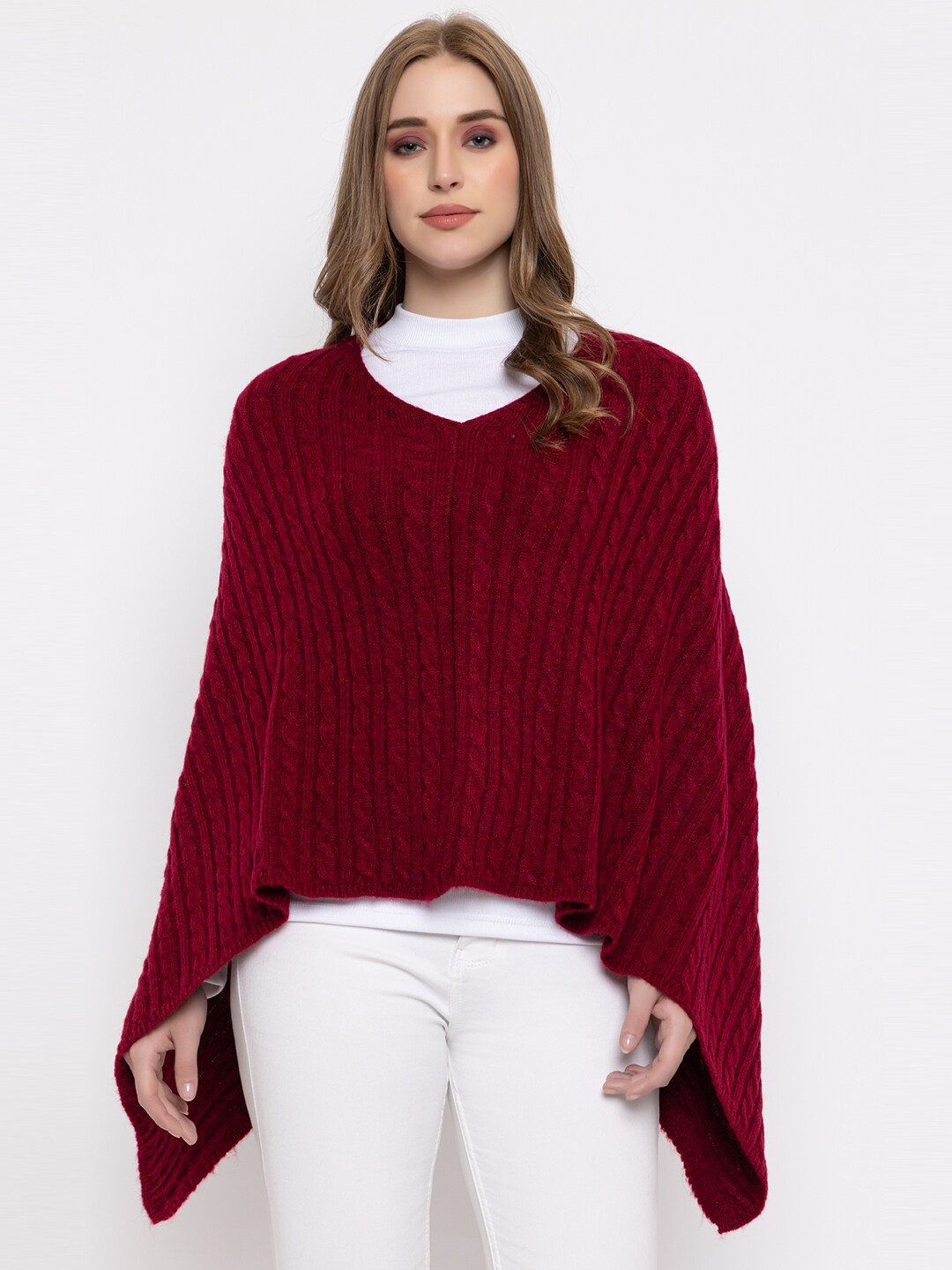 

513 Cable Knit Self Design V-Neck Poncho Sweater, Magenta