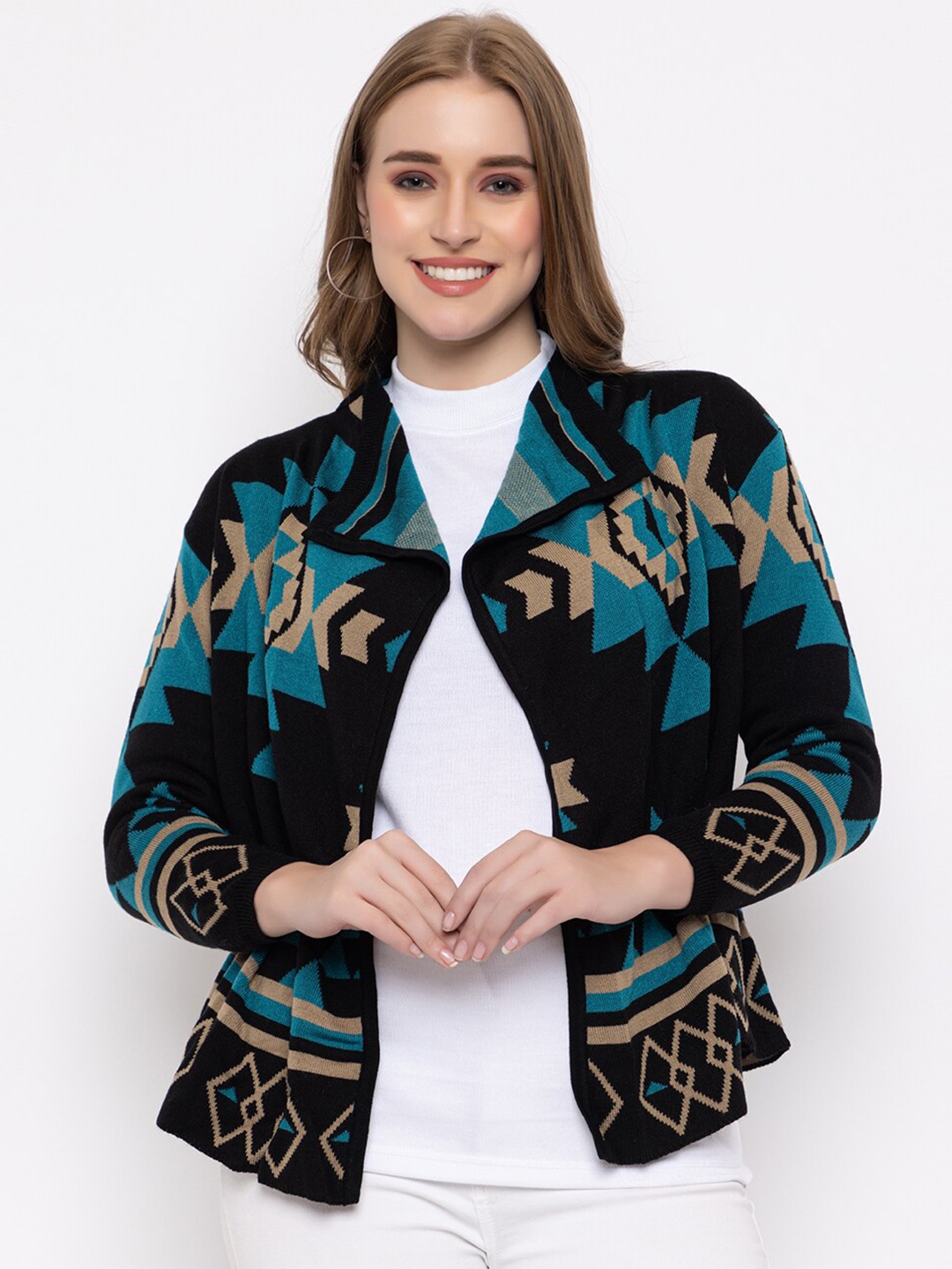 

513 Ethnic Motifs Self Design Acrylic Front Open Pullover, Teal