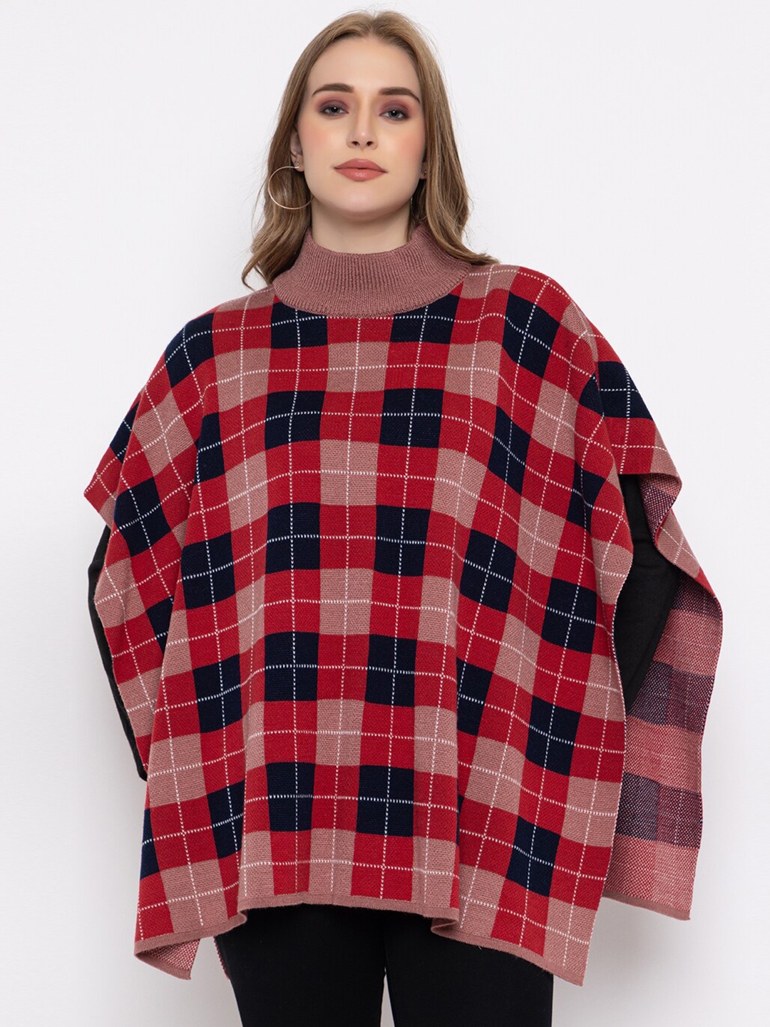 

513 Checked Acrylic Poncho, Red