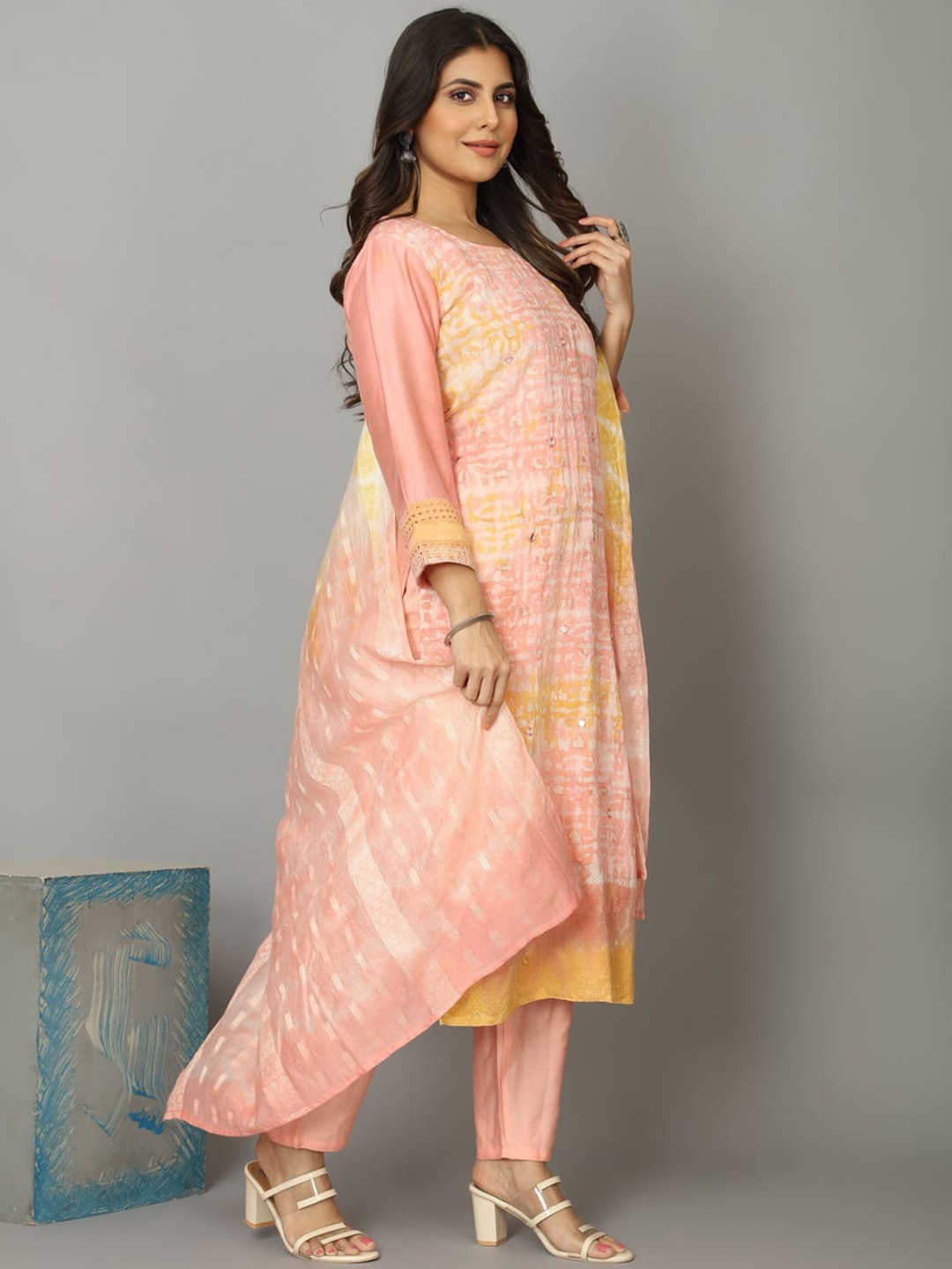 

OEQUAL Women Peach-Coloured Chanderi Silk Pure Cotton