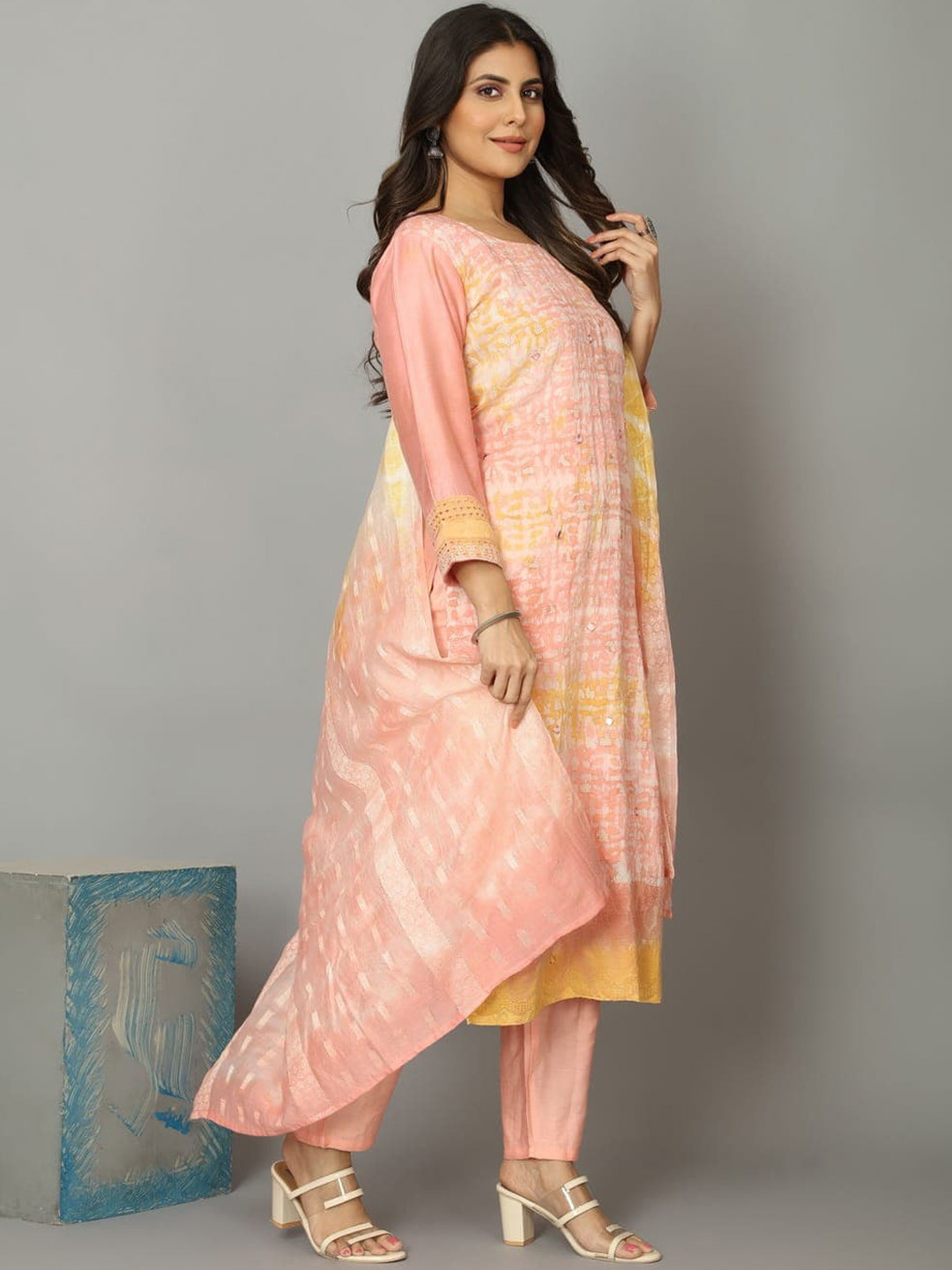 

OEQUAL Women Peach-Coloured Chanderi Silk Pure Cotton