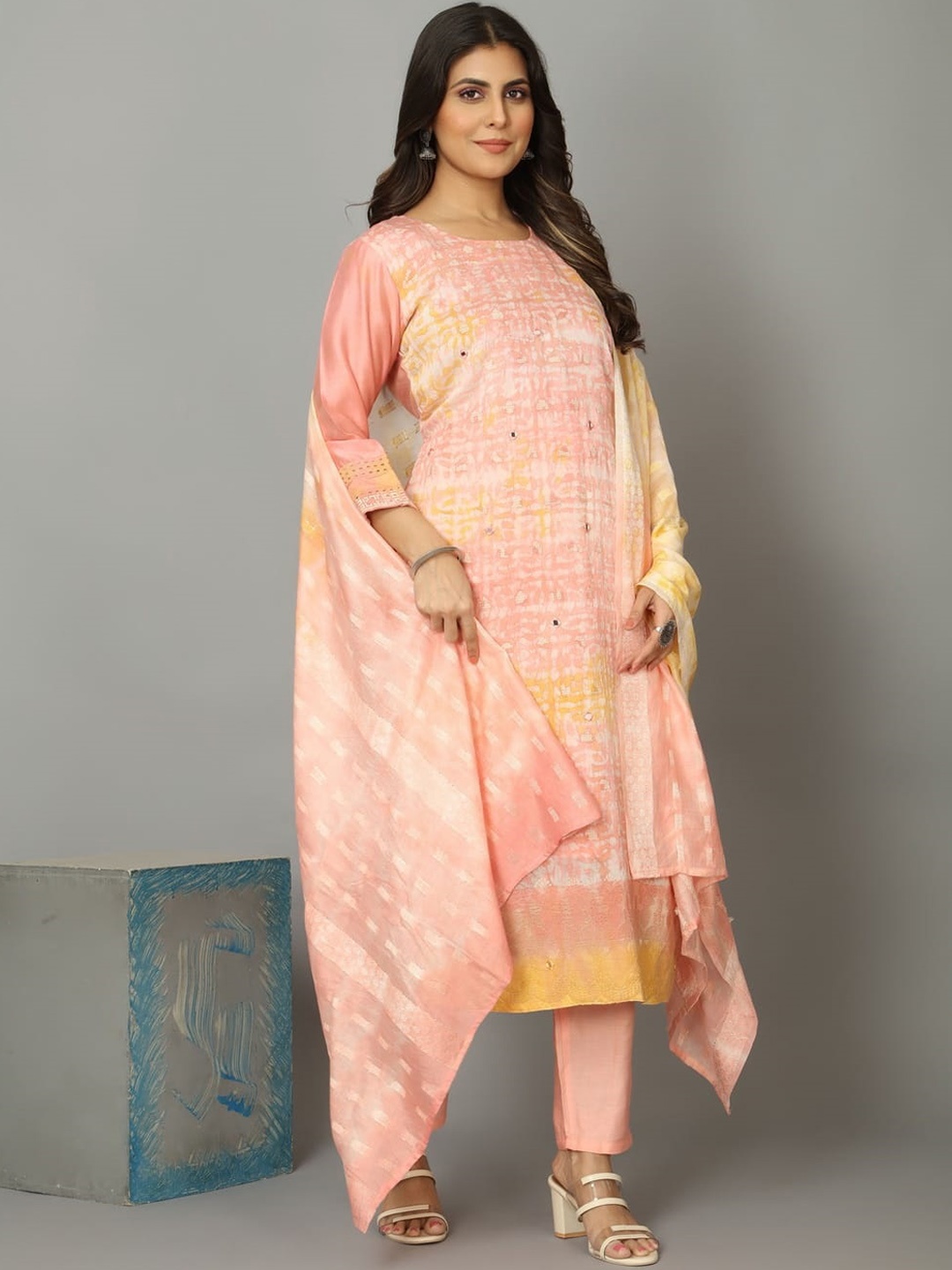 

OEQUAL Women Peach-Coloured Chanderi Silk Pure Cotton