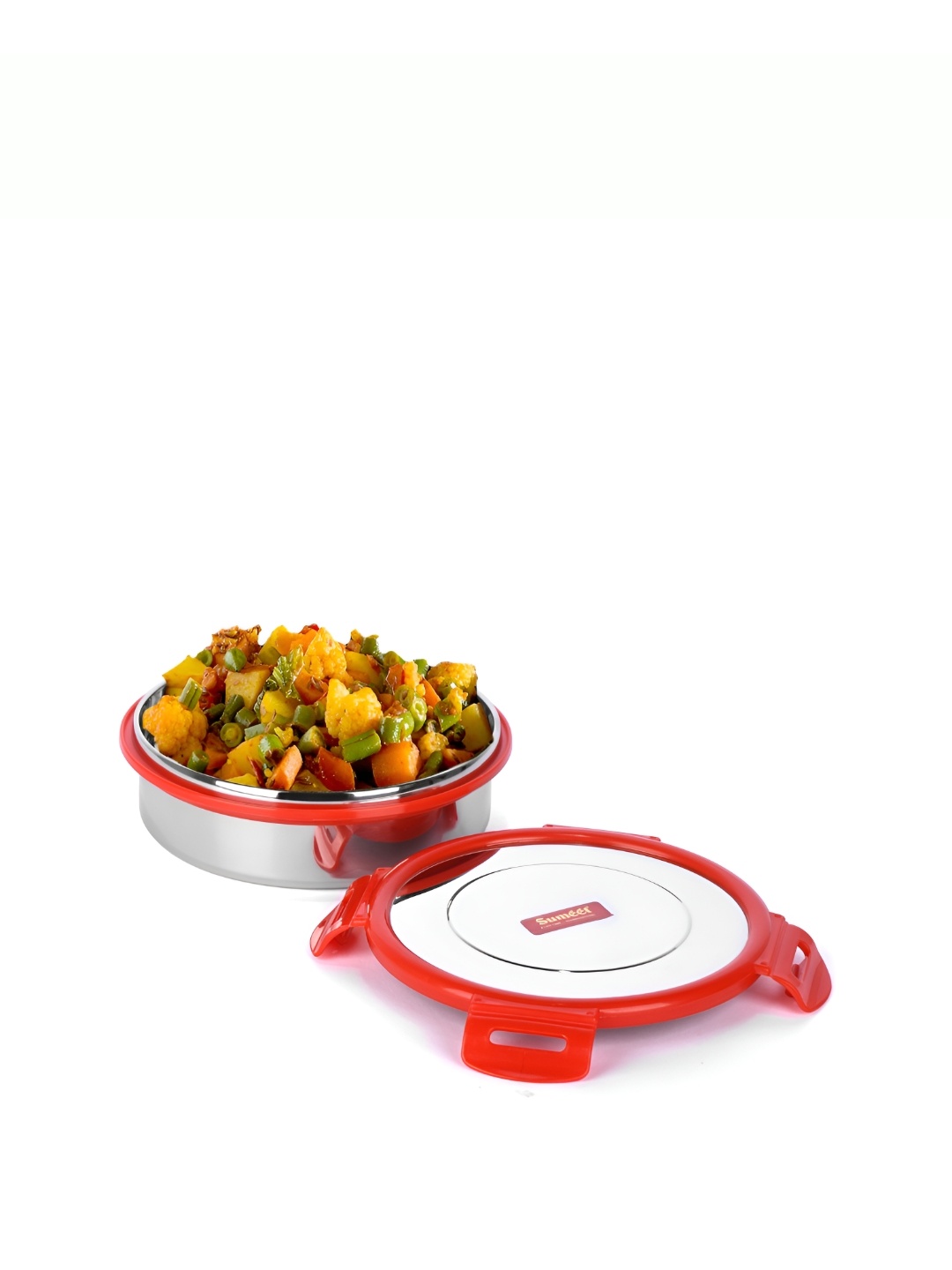 

Sumeet Silver Toned & Red Stainless Steel Lunch Box with Stainless Steel Lid