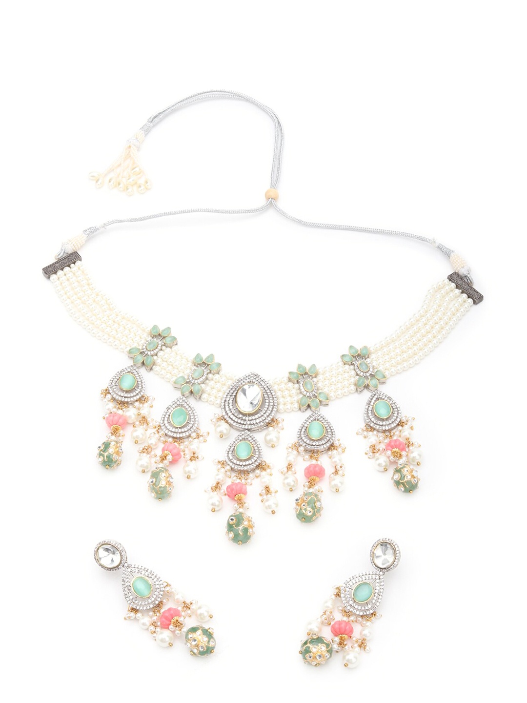

ODETTE Rhodium-Plated Stone Studded Jewellery Set, Silver