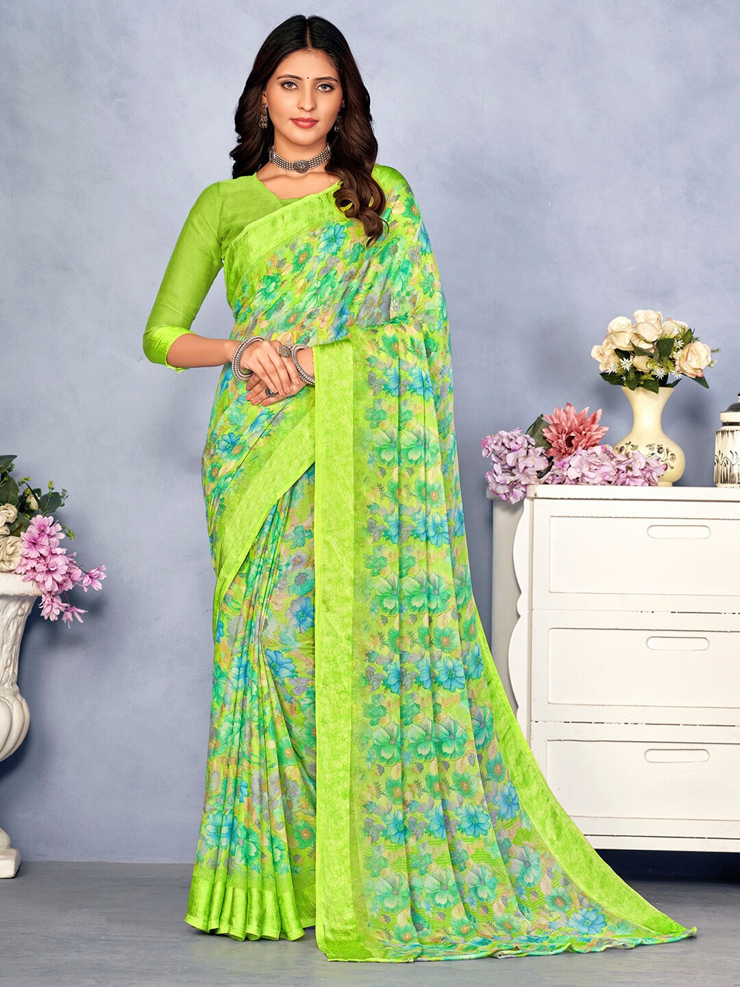 

Mitera Floral Printed Poly Chiffon Designer Bagru Saree, Green