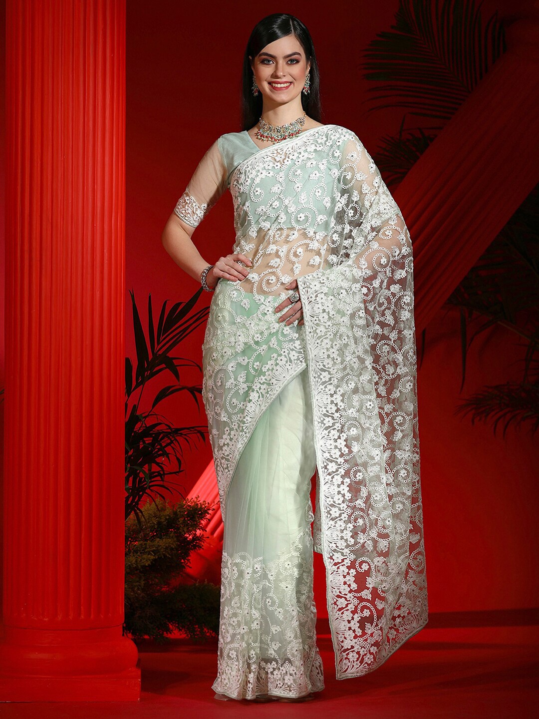 

Mitera Embroidered Net Designer Saree, Green