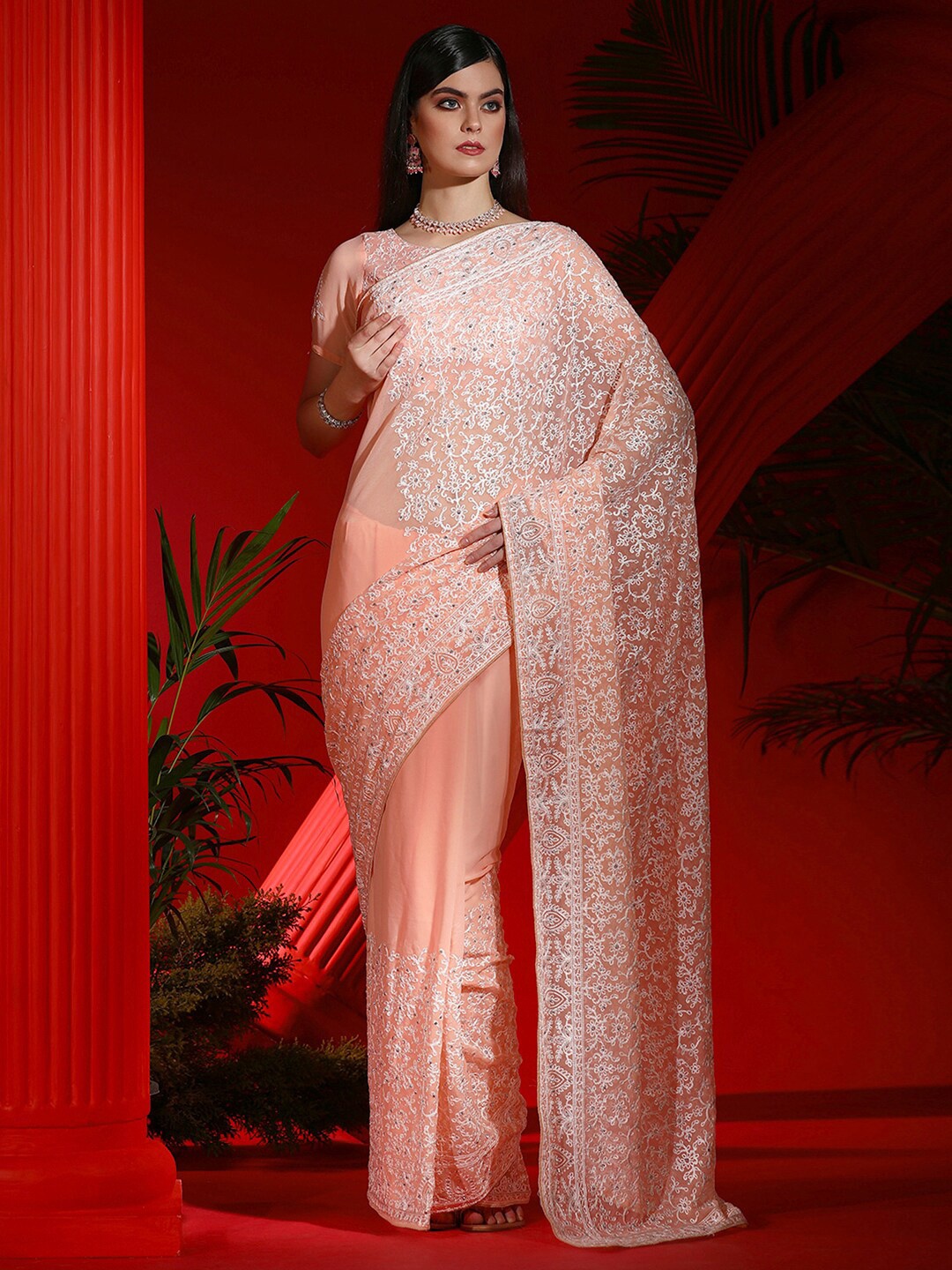 

Mitera Embellished Pure Georgette Designer Saree, Peach