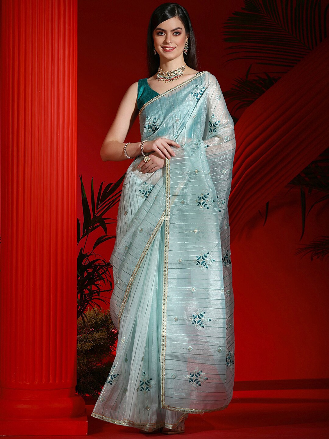 

Mitera Blue Embellished Sequinned Organza Designer Saree