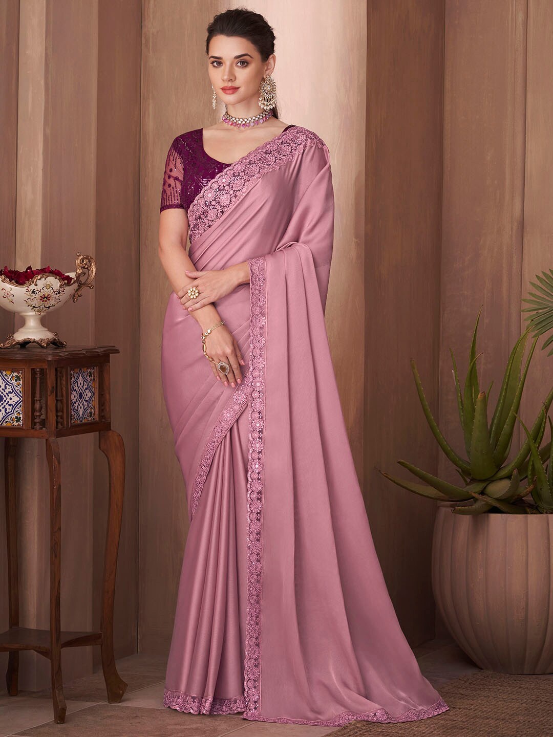 

Mitera Sequinned Ethnic Embellished Saree, Mauve