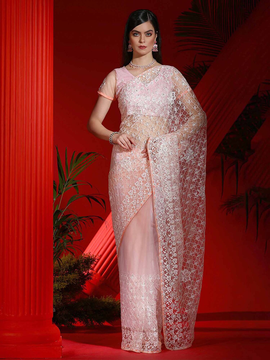 

Mitera Embellished Net Designer Saree, Pink