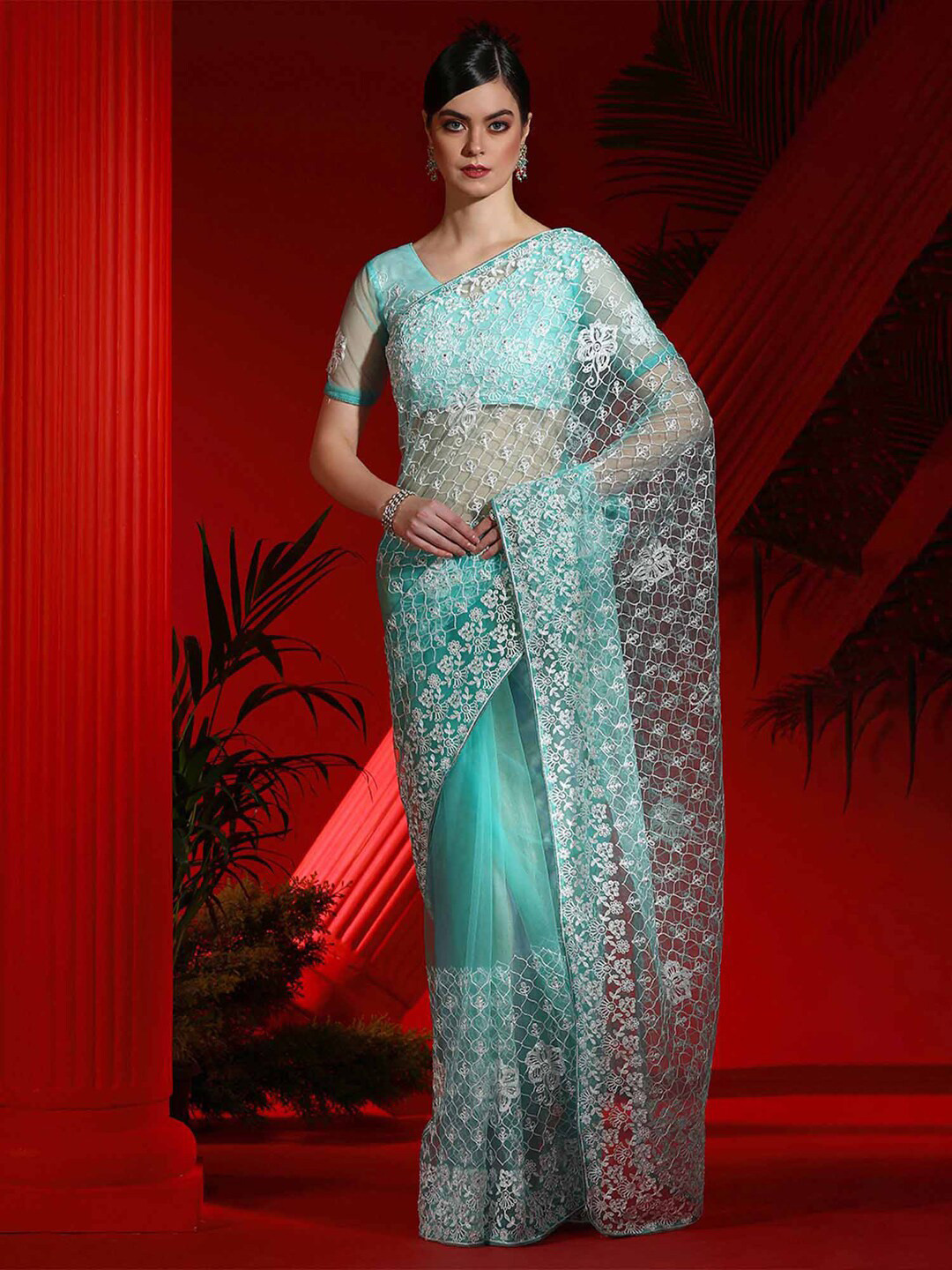 

Mitera Ethnic Motifs Net Saree, Blue