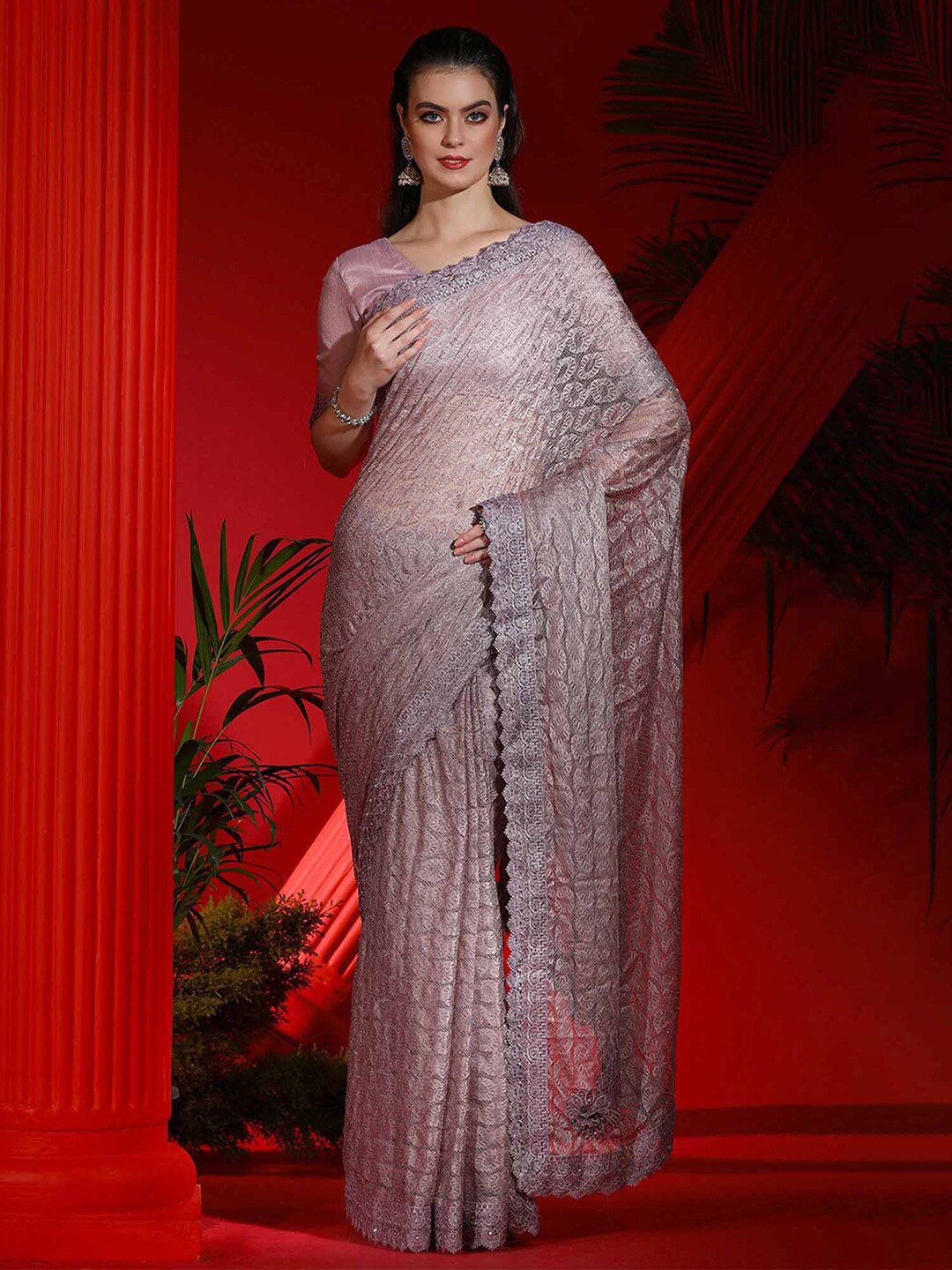 

Mitera Ethnic Motifs Embellished Net Saree, Mauve