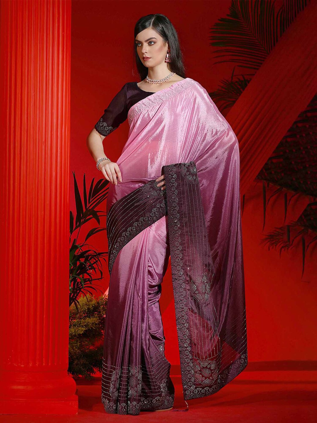 

Mitera Ethnic Embellished Poly Chiffon Party Wear Designer Saree, Pink