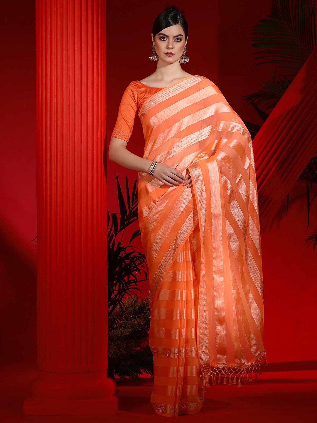 

Mitera Striped Poly Chiffon Saree, Orange