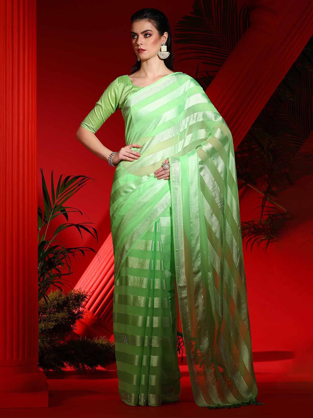 

Mitera Striped Poly Chiffon Designer Saree, Green