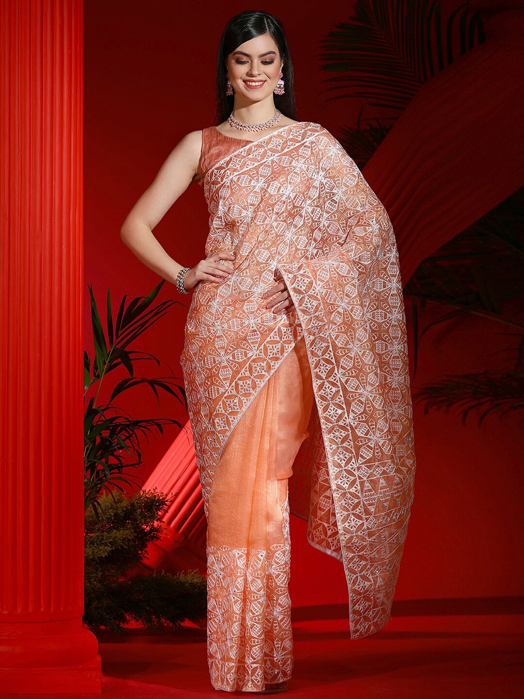 

Mitera Ethnic Motifs Organza Saree, Peach