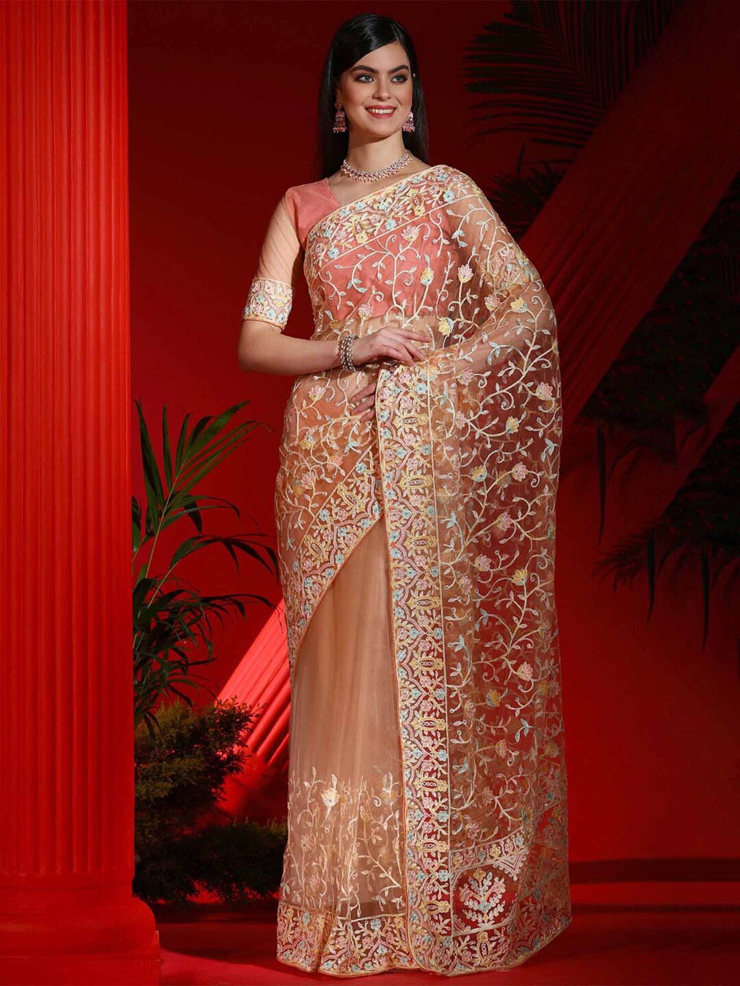 

Mitera Ethnic Motifs Net Designer Saree, Peach