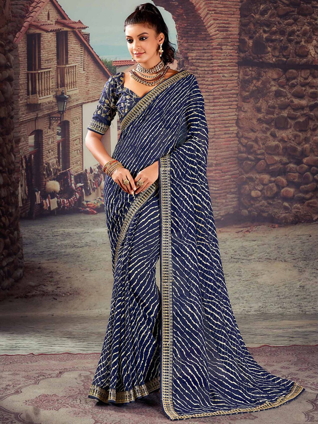 

Mitera Leheriya Sequinned Poly Georgette Designer Leheriya Saree, Navy blue