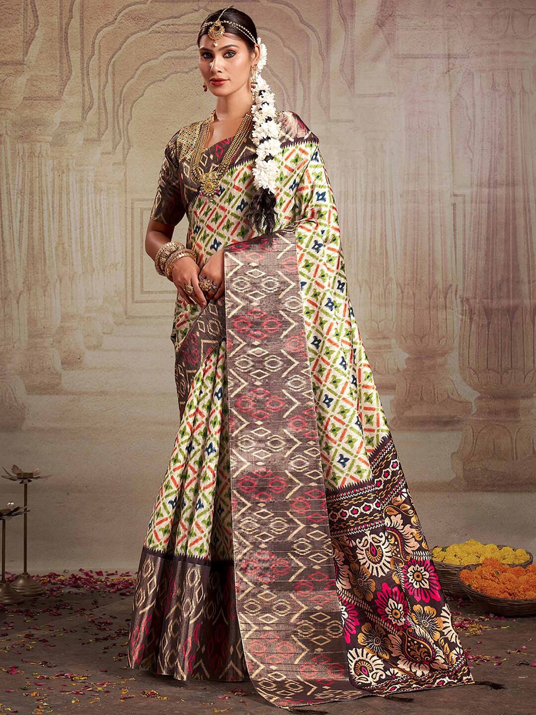 

Mitera Ethnic Motifs Ikat Saree, Beige