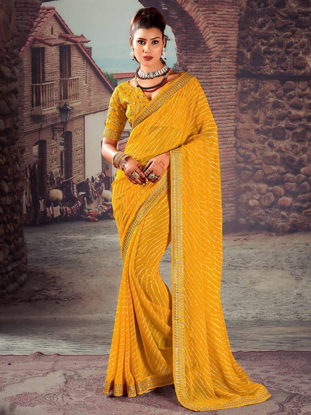 

Mitera Leheriya Sequinned Pure Georgette Designer Leheriya Saree, Yellow