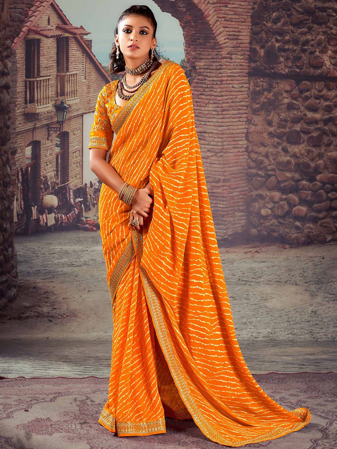 

Mitera Leheriya Sequinned Poly Georgette Designer Leheriya Saree, Mustard