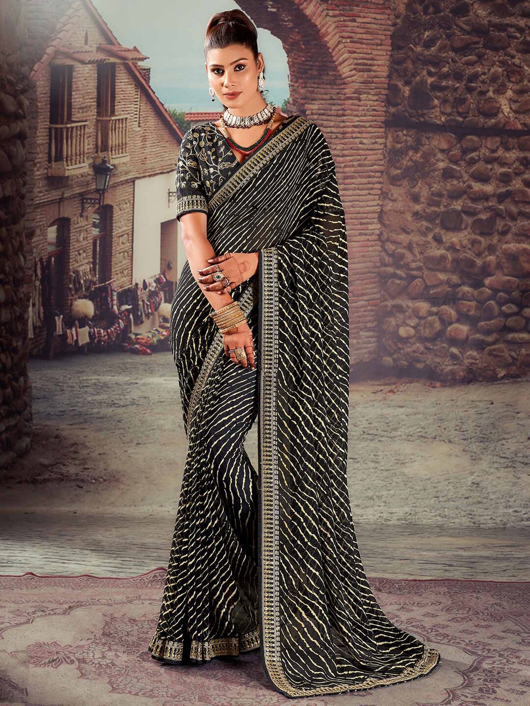 

Mitera Black Leheriya Sequinned Pure Georgette Designer Leheriya Saree