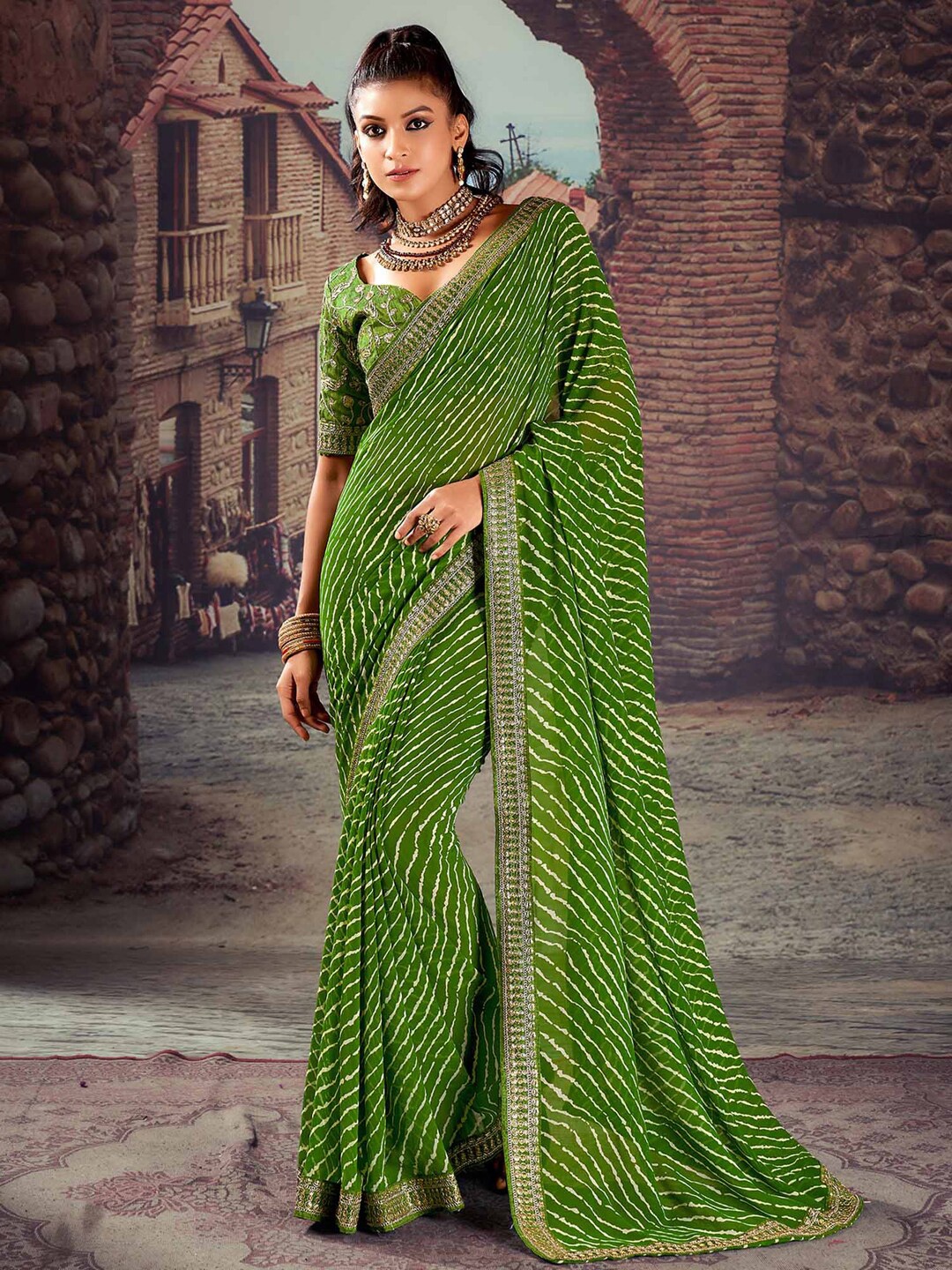 

Mitera Sequinned Pure Georgette Designer Leheriya Saree, Green