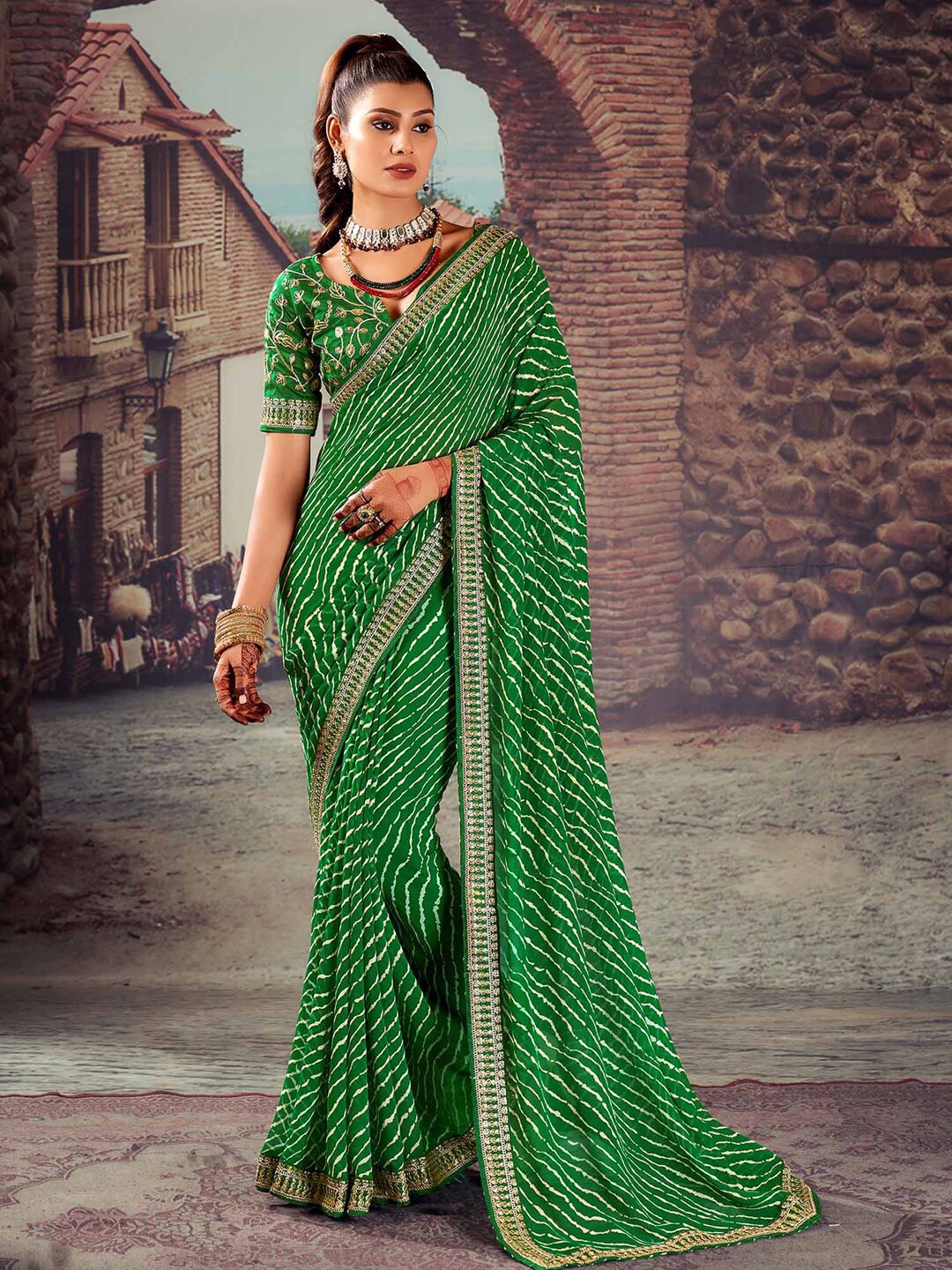 

Mitera Leheriya Poly Georgette Saree, Green