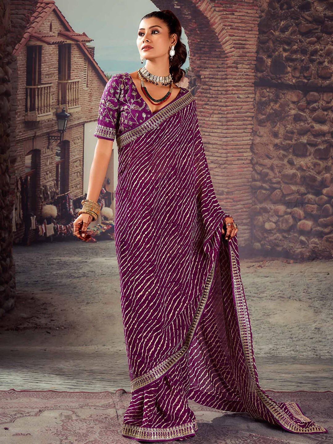 

Mitera Leheriya Pure Georgette Saree, Purple