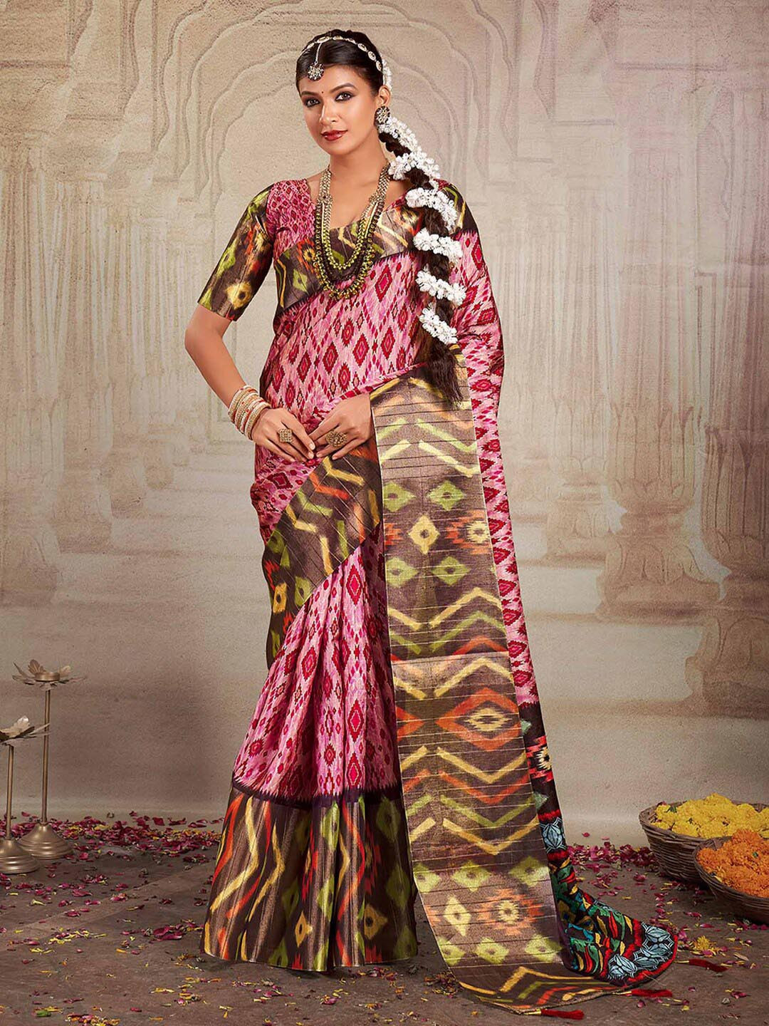 

Mitera Ethnic Motifs Ikat Saree, Pink