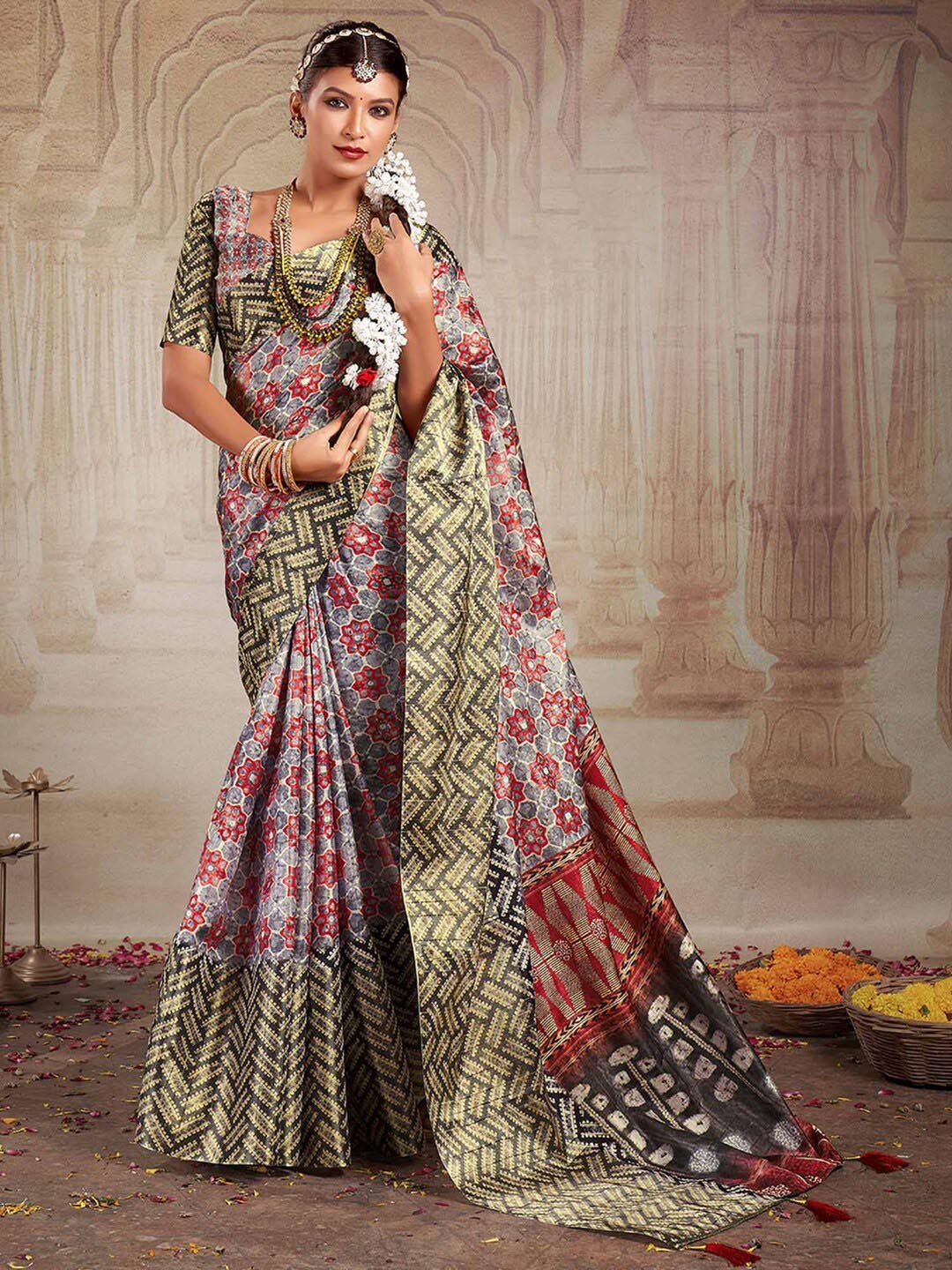 

Mitera Ethnic Motifs Printed Silk Blend Designer Ikat Saree, Grey