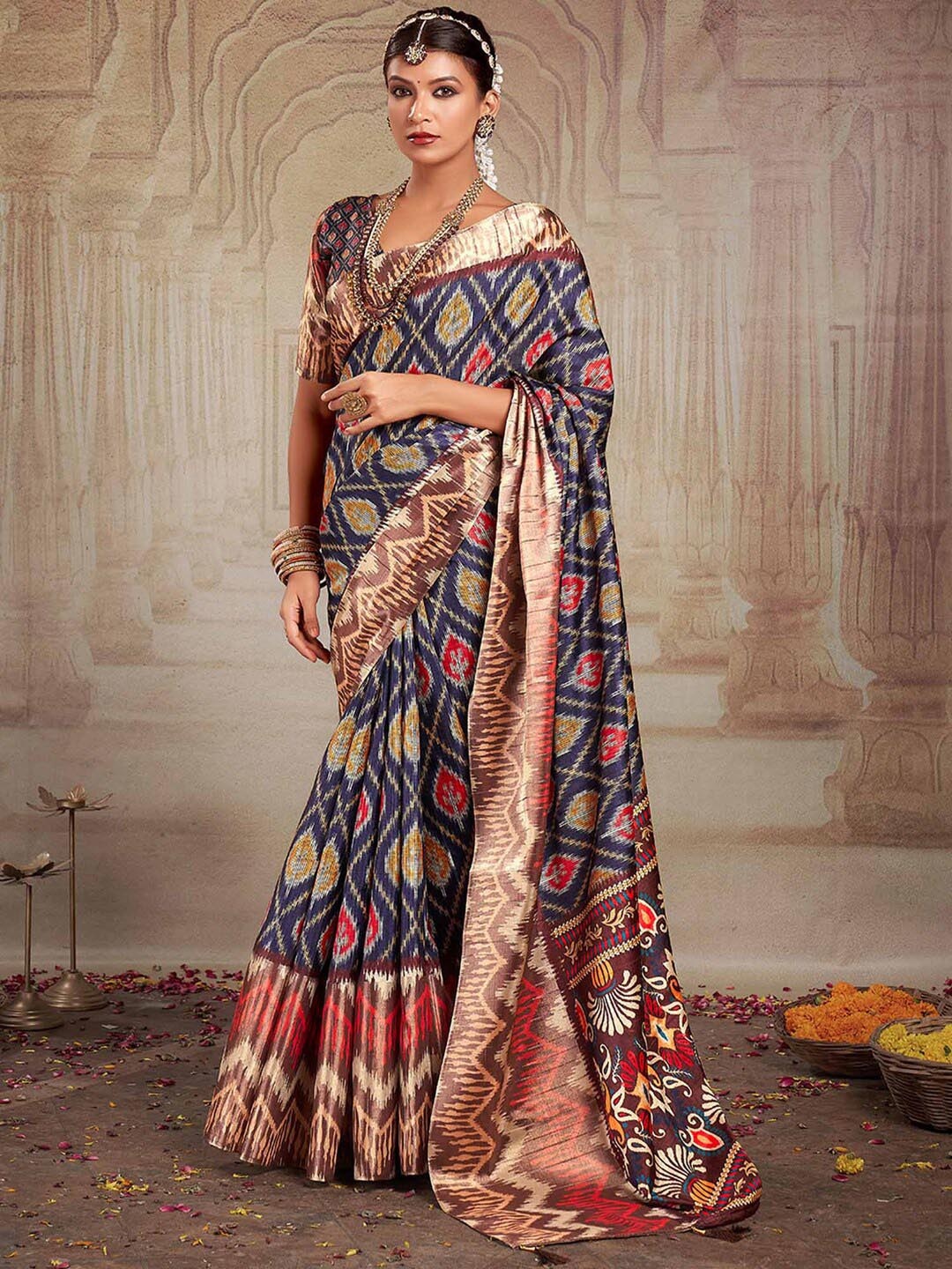 

Mitera Ethnic Motifs Ikat Saree, Navy blue