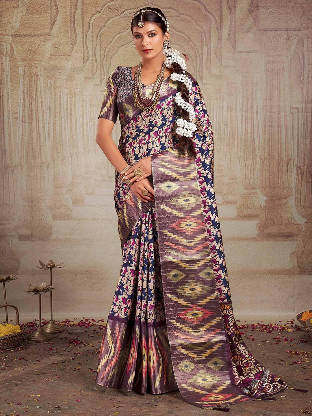 

Mitera Ethnic Motifs Ikat Saree, Navy blue