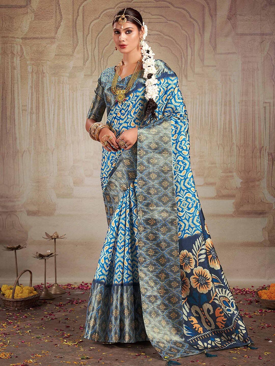 

Mitera Blue & Grey Ethnic Motifs Silk Blend Designer Ikat Saree