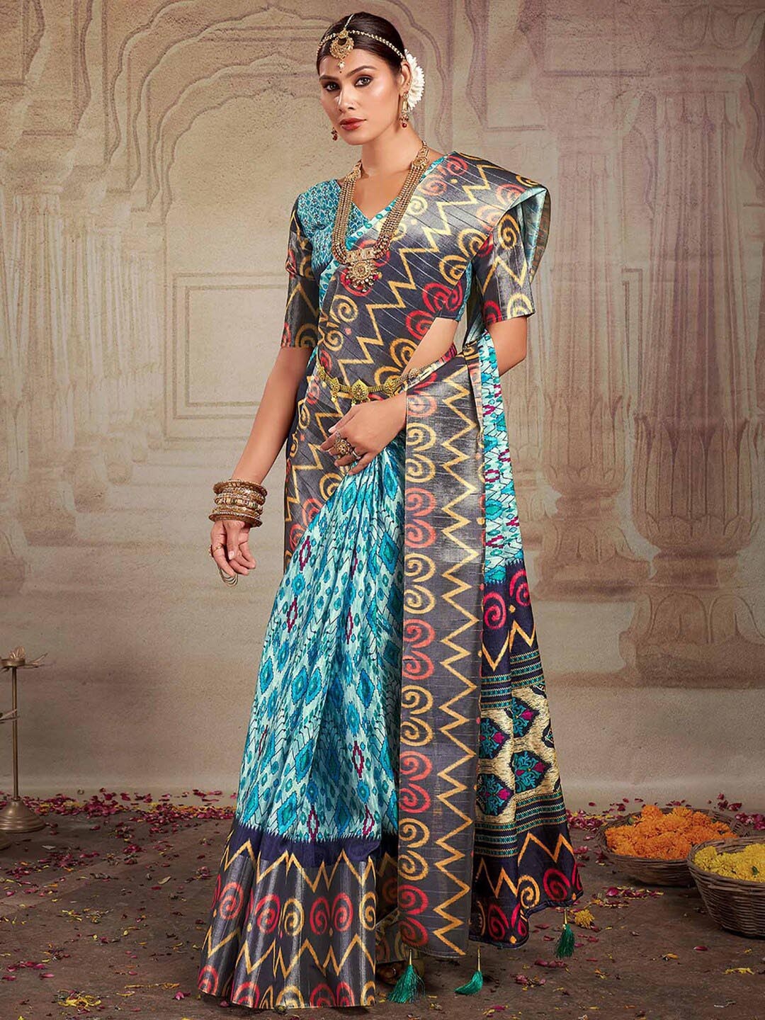 

Mitera Ethnic Motifs Ikat Saree, Blue