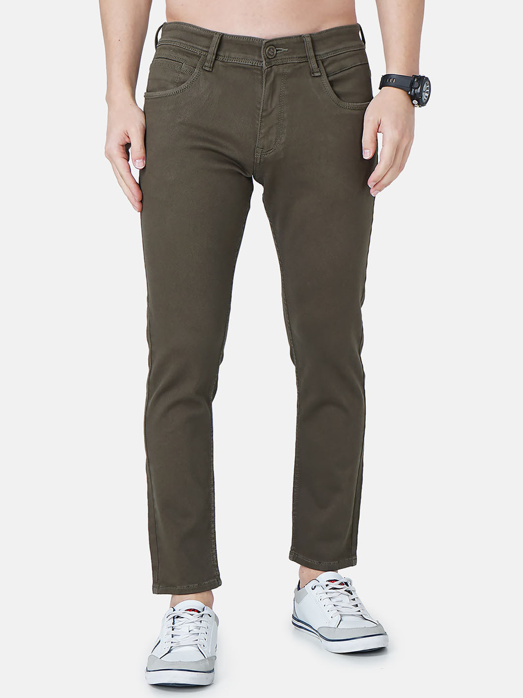 

Jean Cafe Men Jean Super Skinny Fit Coloured Clean Look Pure Cotton Jeans, Olive