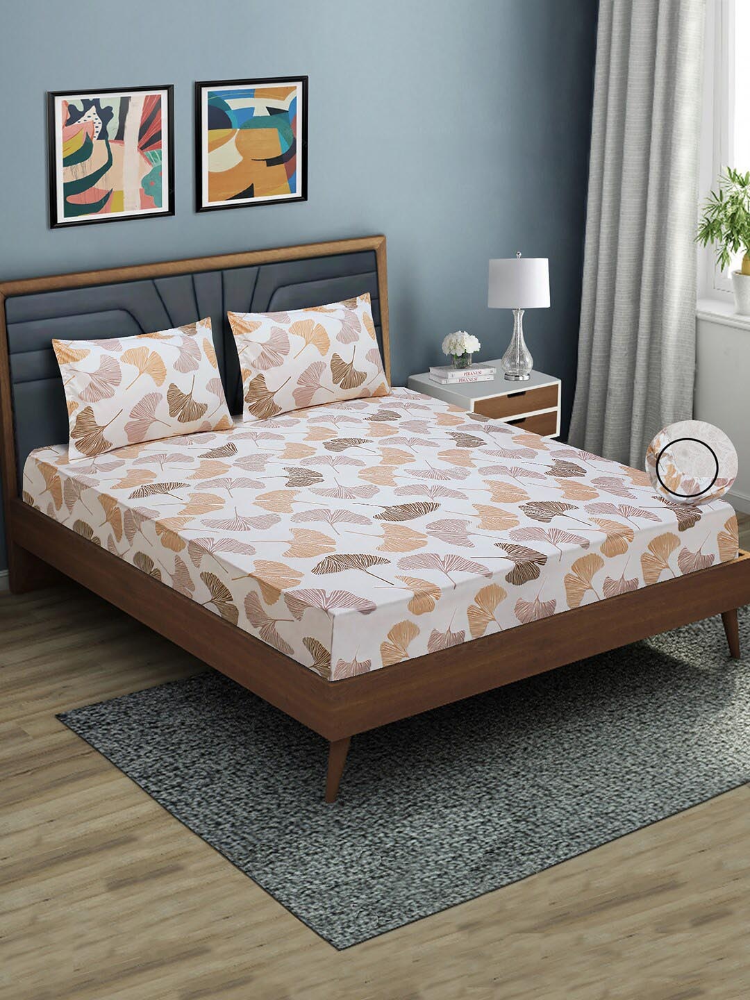 

Aura Floral 144 TC Fitted Queen Bedsheet with 2 Pillow Covers, White