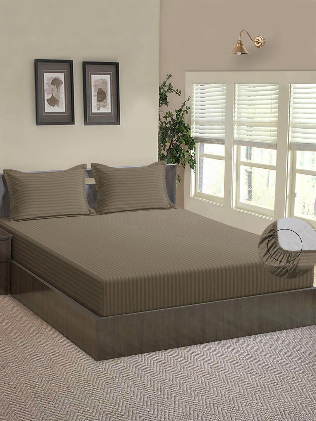 

Aura Striped 144 TC Fitted Queen Bedsheet with 2 Pillow Covers, Brown