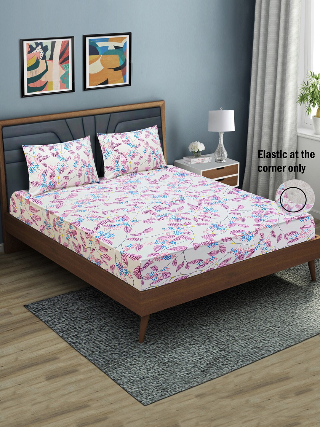 

Aura White & Pink Floral 144 TC Queen Bedsheet with 2 Pillow Covers