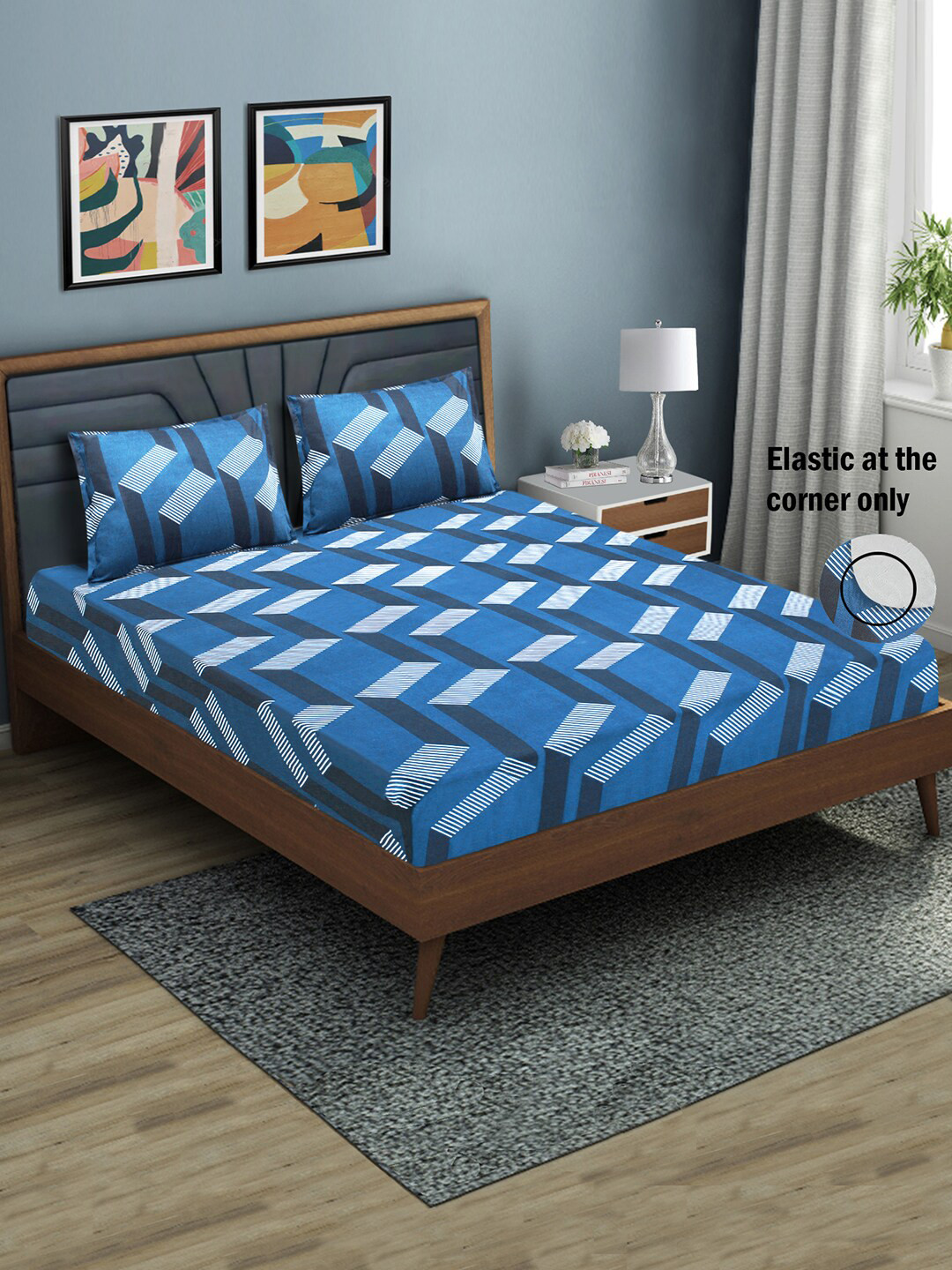 

Aura Printed Fitted 144 TC Queen Bedsheet with 2 Pillow Covers, Blue