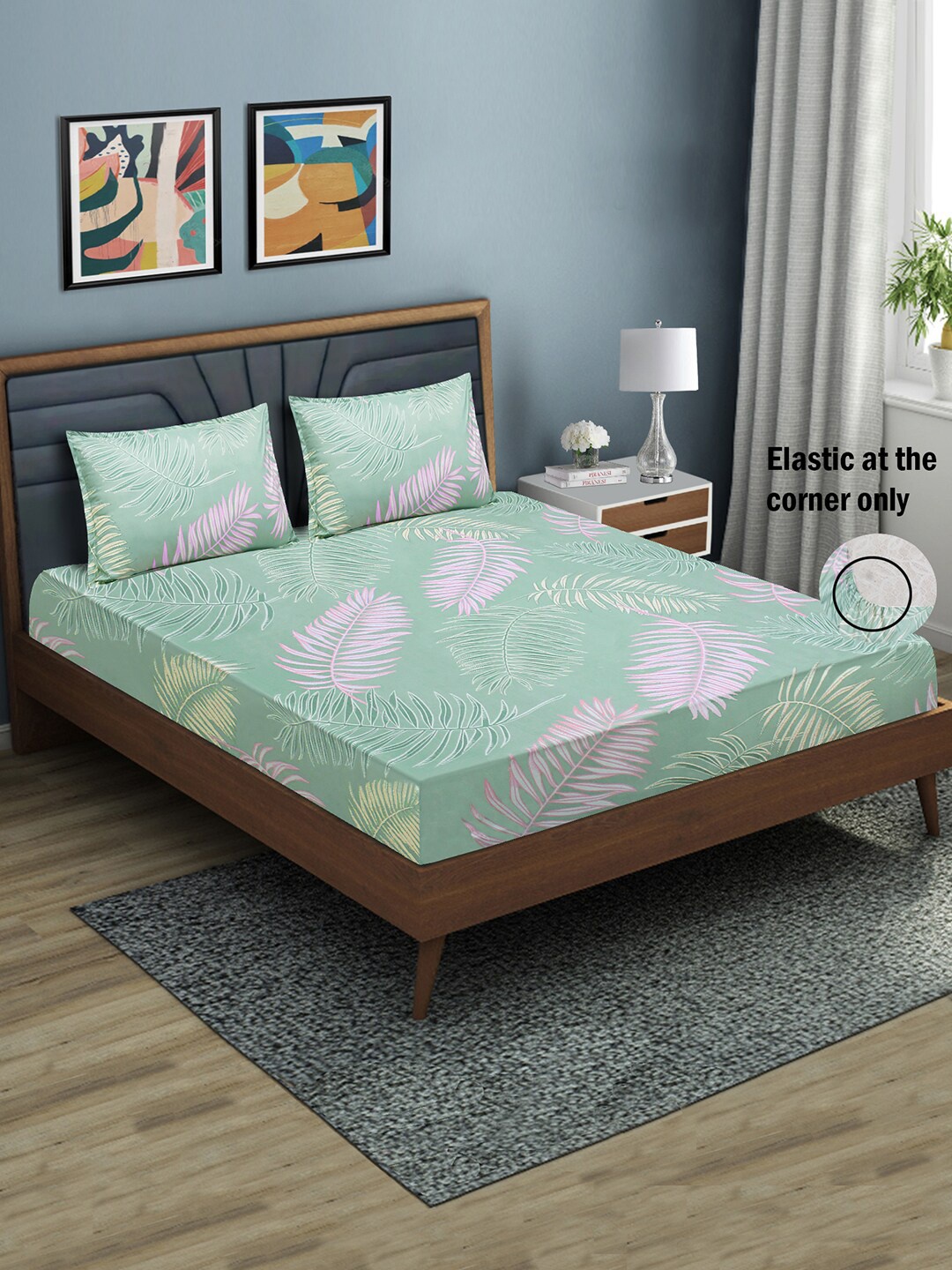 

Aura Floral Printed 144 TC Queen Bedsheet with 2 Pillow Covers, Green
