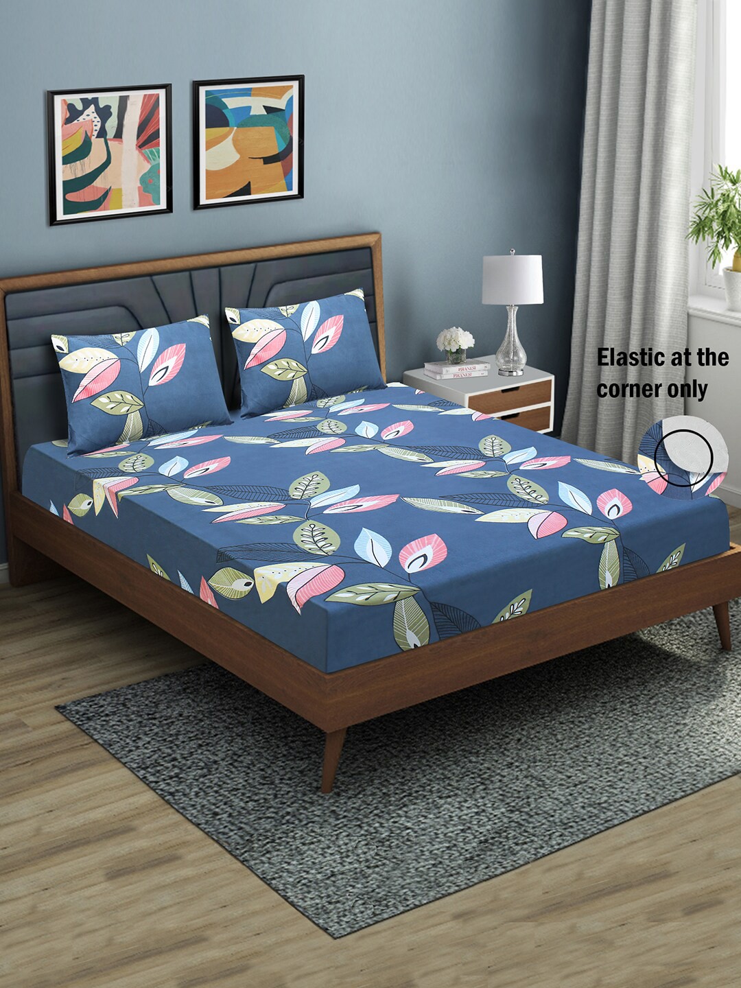 

Aura Printed Fitted 144 TC Queen Bedsheet with 2 Pillow Covers, Blue