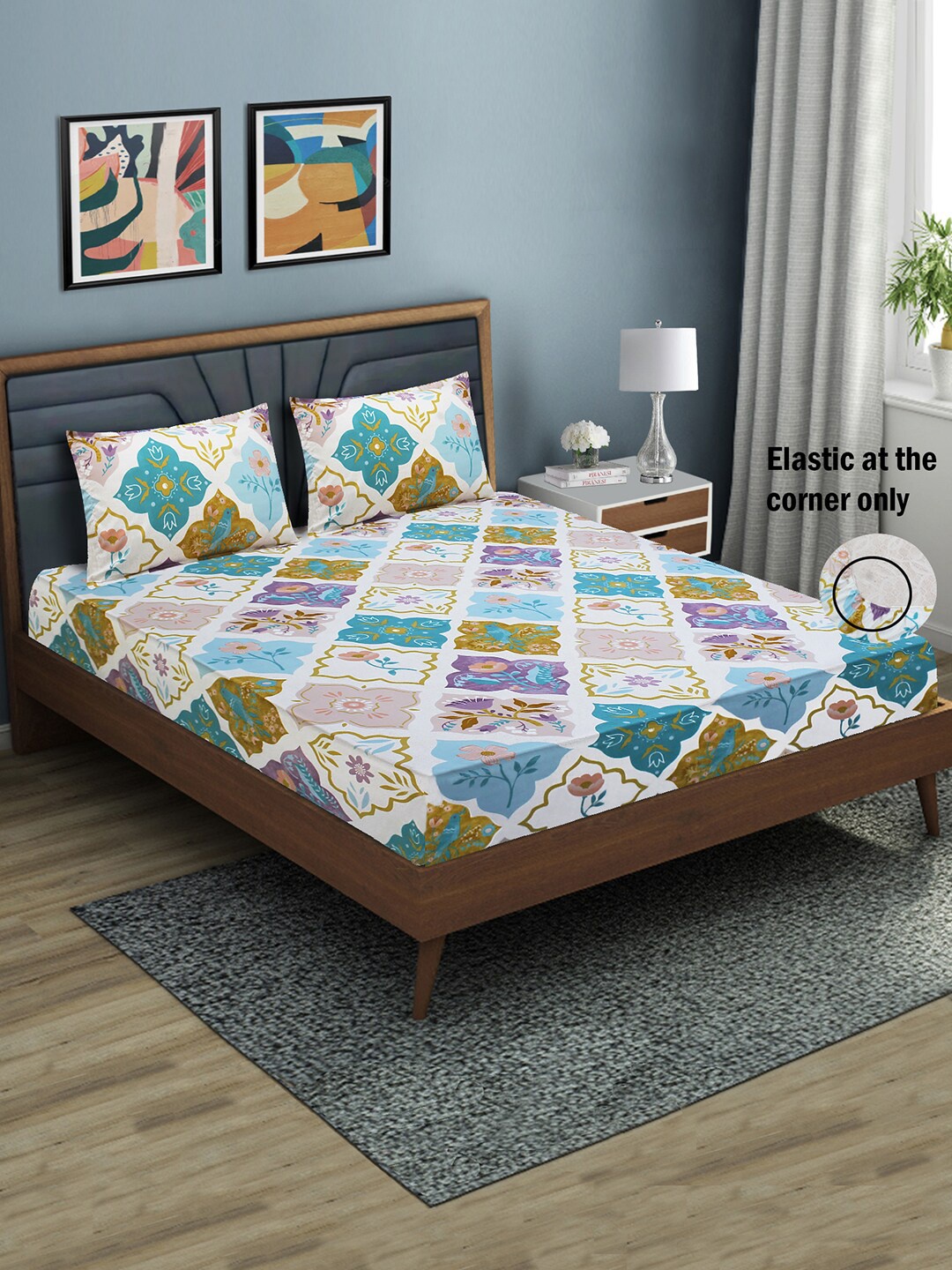 

Aura Blue & Purple Printed Fitted 144 TC Queen Bedsheet With 2 Pillow Covers
