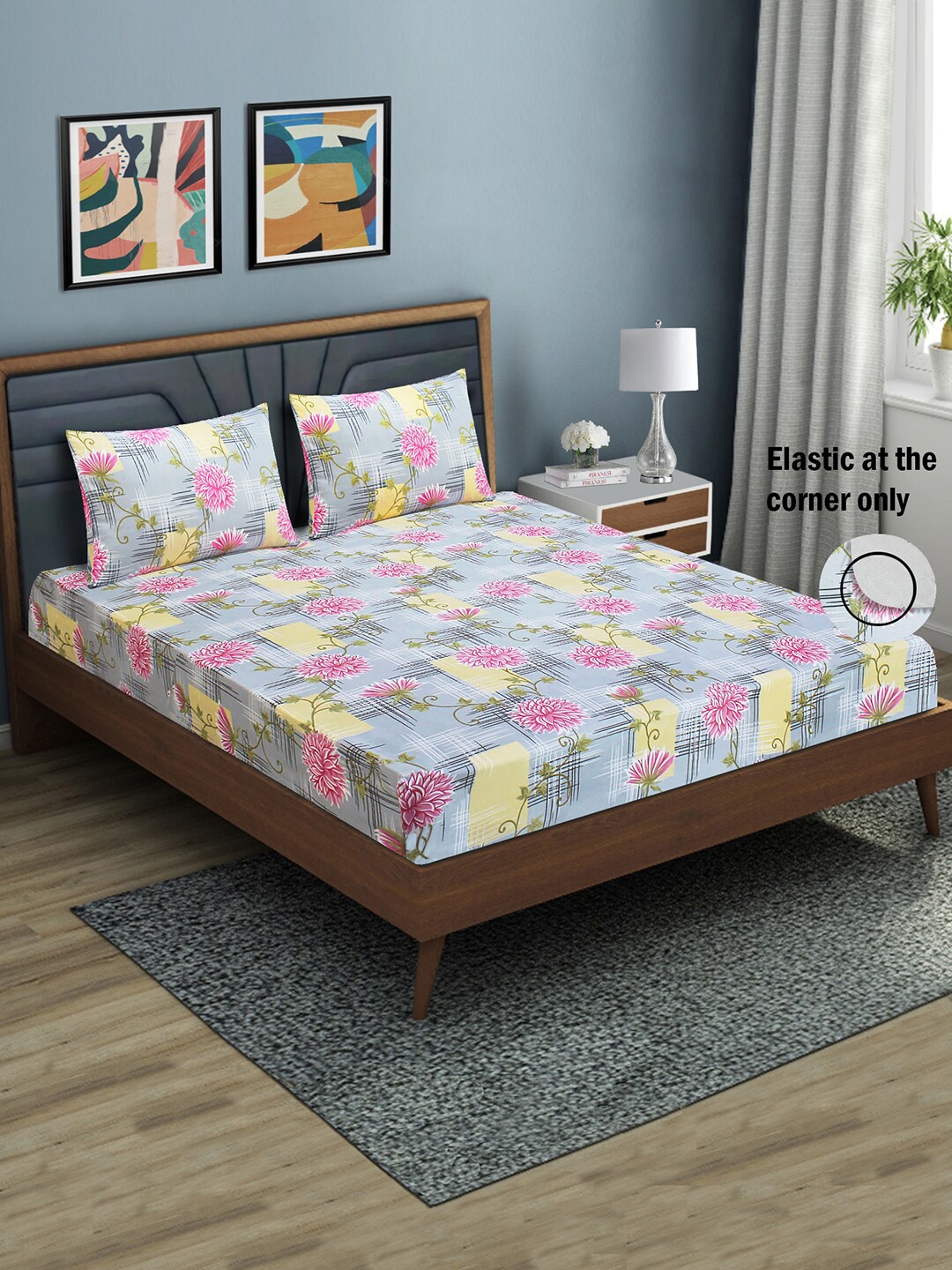 

Aura Floral Print Fitted 144 TC Queen Bedsheet With 2 Pillow Covers, Grey