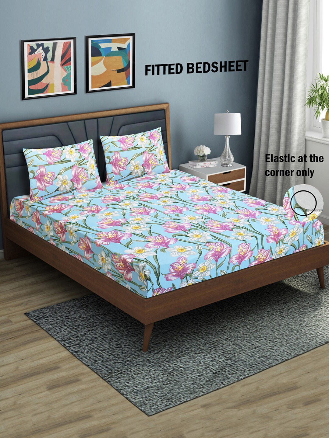 

Aura Floral 144 TC Queen Fitted Bedsheet with 2 Pillow Covers, Blue