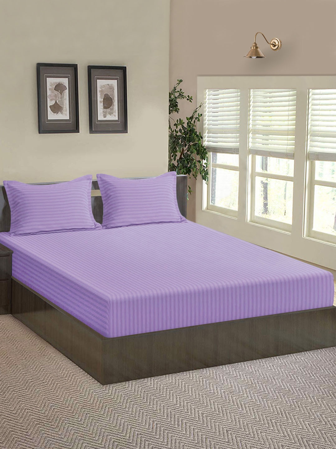 

Aura Striped 144 TC Microfiber Queen Fitted Bedsheet with 2 Pillow Covers, Purple