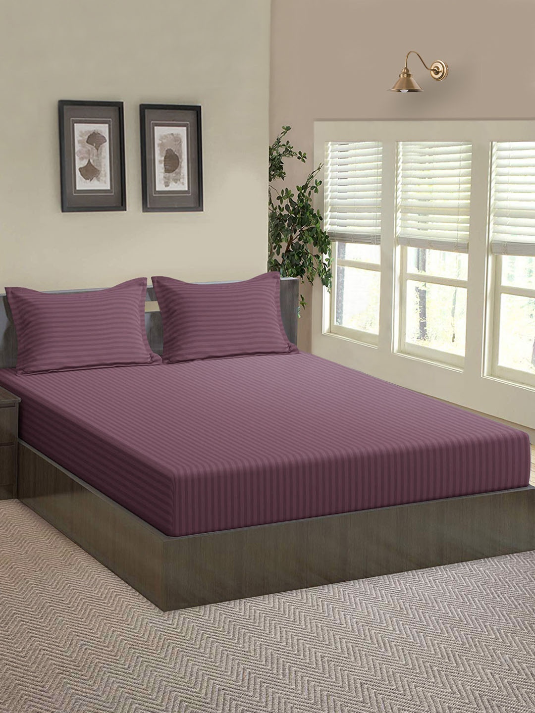 

Aura Pink Striped Fitted 144 TC Queen Fitted Bedsheet With 2 Pillow Covers